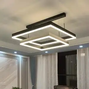 Lampu gantung Modern akrilik hitam kontemporer, lampu kotak desain baru ruang makan ruang tamu lampu gantung LED