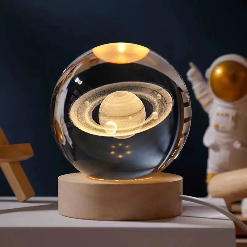 Хрустальный шар с деревянной подставкой, лазерная гравировка, 6 см, стеклянный светодиодный хрустальный шар, сувенирные подарки, домашний декор, звезда, луна, ночник