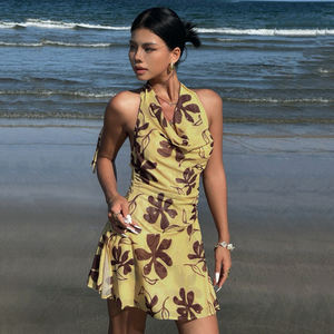 Vestido de Verano Amarillo sin Mangas con Cuello Halter y Estampado Botánico Tie Dye Estilo Vacaciones para Mujer - Product Image 4