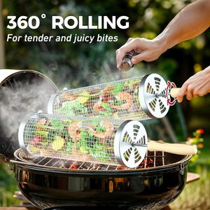 Hot Selling Outdoor <b>Rolling</b> <b>Grill</b> <b>Basket</b> With Wooden Handle, 304 Stainless Steel <b>Grill</b> <b>Bbq</b> <b>Baskets</b> <b>Rolling</b> Grilling <b>Basket</b> - Product Image 2