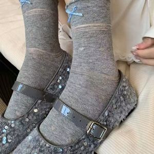Women Breathable Mid Calf <b>Socks</b> With Bow And Heart Pattern Cream Color Spring Summer Wear - Product Image 2