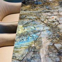 Ensemble de table à manger en résine Labrador de luxe moderne, plaque de granit bleu naturel translucide rétroéclairée pour usage domestique et hôtelier, respectueux de l'environnement