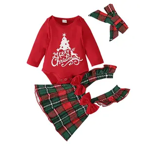 Yeni bebek kız noel giysi takımı yenidoğan merry christmas romper askı elbise 2 adet kıyafet