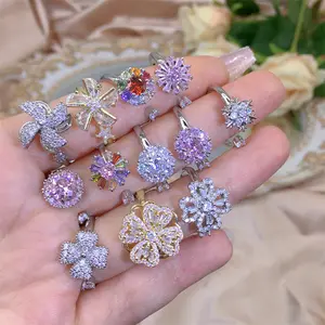 Thời Trang Đầy Màu Sắc Xoay CZ Flower Mở Vòng 18K Vàng Trồng Trắng Cubic Zirconia Xoay Cối Xay Gió Có Thể Điều Chỉnh Vòng Trang Sức