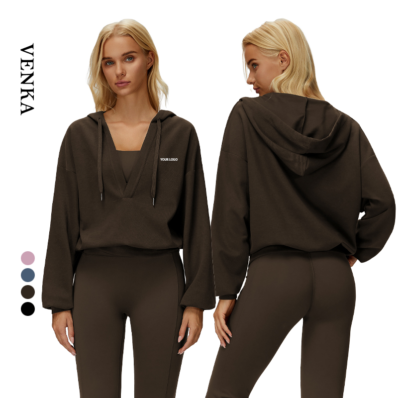 Deep V Neck Women's Loose T-Shirts Sport Pullover Casual Outdoor Soft Skin Sweatshirts Yoga Wear Workout Long Sleeve Hoodie