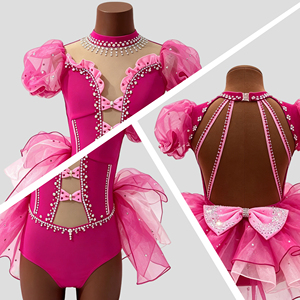 Traje de Danza Jazz Lírico Personalizado para Niñas, Spandex/Poliéster, Pedrería, Malla Rosa, Manga Abullonada, para Competencia y Escenario - Product Image 2