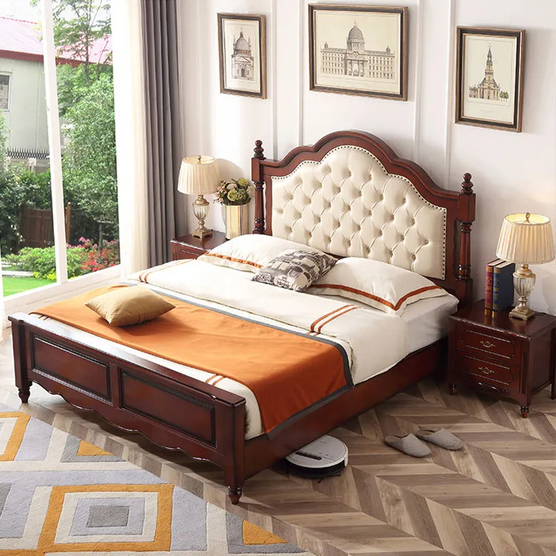 Estilo de lujo de gama alta de caoba muebles de dormitorio nórdico de cuero suave cabecero de almacenamiento caja alta cama doble cama de madera maciza