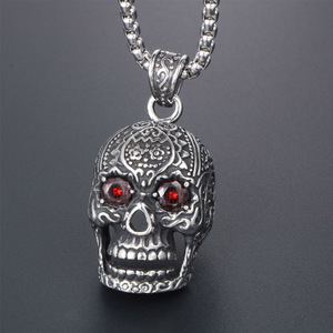 <b>Titanium</b> Steel Skull Pendant Necklace With Red Eyes Bezel Setting For Men Women Fashion Jewelry SP407 - Product Image 2