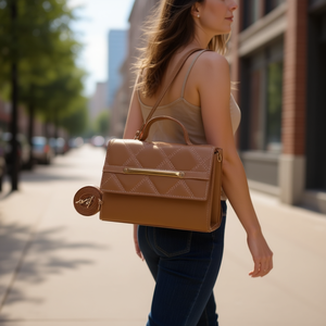 Bolso Cruzado Bernie Camel para Mujer de Fana, Cuero Genuino, Cierre de Cremallera, Patrón de Rejilla de Diamantes, para Todas las Temporadas - Product Image 2