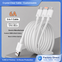 Câble de charge 3-en-1 USB-C vers Micro 8 broches 6A en PVC, charge rapide 66W pour téléphone Android, appareil photo, voiture, HD, 1,2M 1,8M, vente en gros OEM