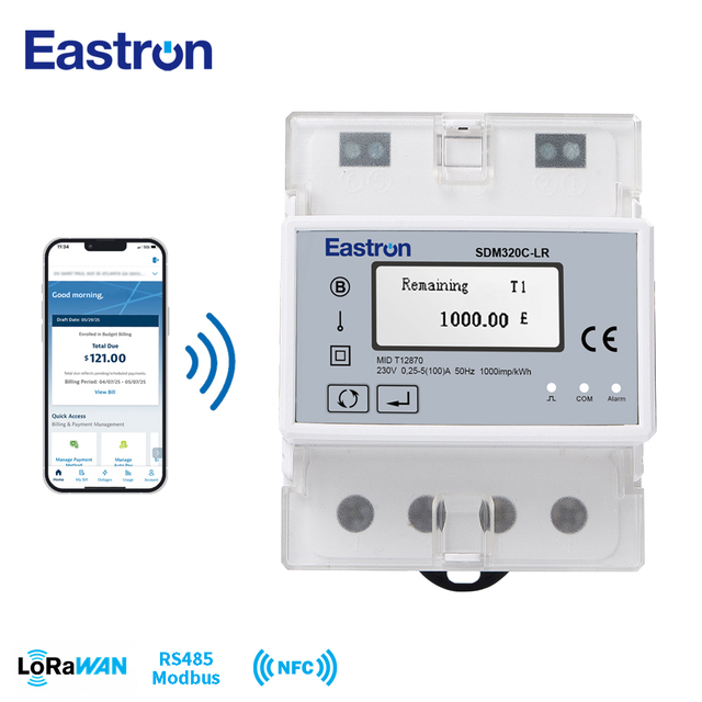 Eastron SDM320C-LR MID Single Phase Prepaid Power Meter Built-in Relay Low Balance Alarm 100A Class 1 NFC Smart Energy Meter