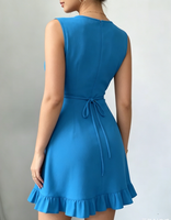 Robe mini unie décontractée et sexy à col halter, avec dentelle, ourlet à volants et nœud, respirante, avec fermetures éclair décoratives, pour le printemps, style international et modeste