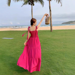 Halter Dress Women Summer Beach Long Skirt Tight Waist Solid Color Breathable Vacation Wear - Product Image 4