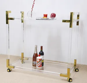 Hotel Modern Glass Lucite Acrylic Tea Bar Luxury Gold Metal Wine Food Catering Drinks Serving Trolley Acrylic Bar Cart