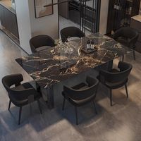 Juego de Comedor Rectangular Grande de Mármol Negro con Vetas Doradas y Estructura de Metal Negro