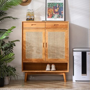 Nordic Japanese Minimalist Solid Wood <b>Shoe</b> Cabinet Cherry Wood Rattan <b>Storage</b> Entryway Living Room Cabinet - Product Image 1