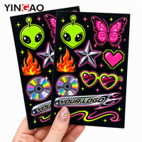 Feuille d'autocollants personnalisés découpés à la forme, effet néon brillant, motifs Alien, Papillon, Flamme, en vinyle imperméable, pour coques de téléphone, écouteurs et logos