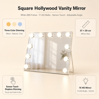 Miroir de maquillage éclairé en bois blanc avec lumières, 37 cm, angle réglable, 3 modes de couleur, variateur d'intensité, capteur tactile
