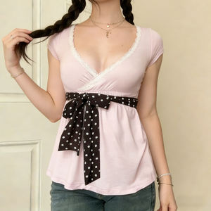 Camiseta de punto holgada con estampado de lunares, cuello en V, manga corta, lazo frontal y cinturón de encaje para mujer, estilo dulce y lindo, novedad de verano - Product Image 6