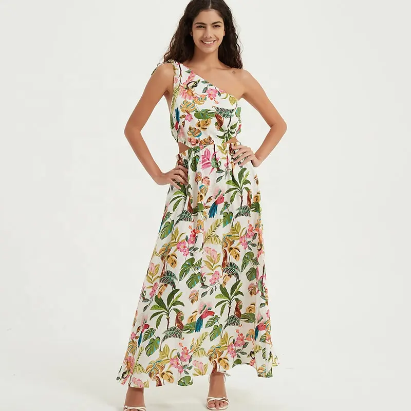 Hot Selling Women's Summer A-Line Dress New Design Geometric Digital Printing Empire Breathable 1 Shoulder Midi Casual Wear