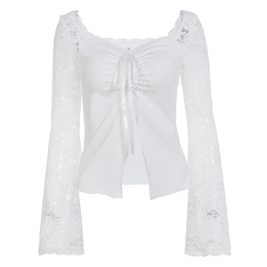 Blusa de punto transparente para mujer, corte ajustado, estilo crop, de manga larga, con encaje, cuello cuadrado, fruncido y con cordones, estilo dulce de verano - Product Image 6