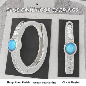 Boucles d'oreilles créoles en argent sterling 925 plaqué or avec opale bleue, forme tendance et élégante, pour femme, idéales pour mariage et soirée, livraison directe de bijoux fins - Product Image 2