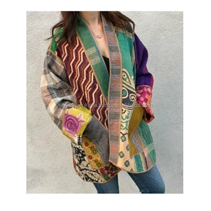 Reversible Vintage Kantha chaqueta azul índigo estampada a mano Jaipur - Product Image 2