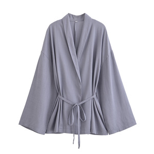 Conjunto de Kimono de Algodón y Lino Personalizado Primavera 2026, Chaqueta Cruzada Abierta y Pantalones con Cordón, Dos Piezas, OEM de Fábrica China - Product Image 4