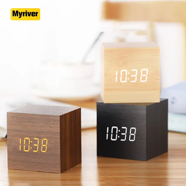 Myriver โต๊ะทำงานดิจิทัลไม้ไผ่ขนาดเล็ก,นาฬิกาไม้พร้อมปรับความสว่างได้3กลุ่มนาฬิกาปลุกวันที่