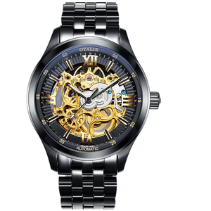 Montre squelette mécanique de luxe en or, résistante à l'eau, avec bracelet en acier inoxydable et cadran en verre - Product Image 1