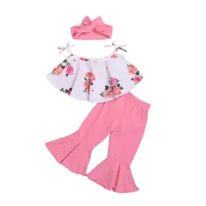 Summer peony sun-top and bell-bottom trousers for toddlers clothing sets children girls boutique suits baby girl clothes set