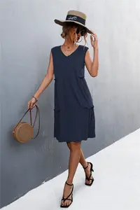 Hot Sale Solid Color Midi V-neck Sleeveless Tank Top Knit Dress Skirt Clothing Manufacturers Custom