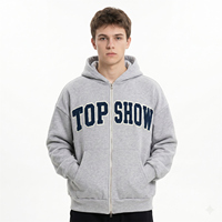 Sweat à capuche zippé pour homme, personnalisé, de haute qualité, gris chiné, broderie chenille TOP SHOW, coton lourd, coupe ample, style vintage rétro