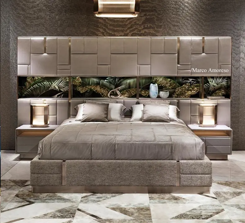 Novo tecido macio cama design de luxo de cabeceira estante moderna mobília do quarto king size frame da cama queen size cama de couro italiano