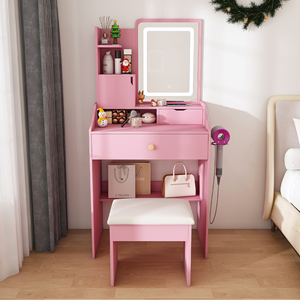 3-Color LED Wood Vanity Mirror Stool Durable <b>Modern</b> Makeup Vanity for Bedroom Pink <b>Dressing</b> <b>Table</b> 2 Drawers 5 Storage Cabinets - Product Image 2