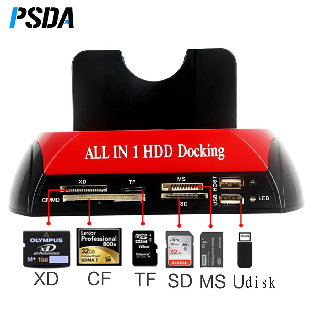 PSDA-disco duro externo 2 IDE 1 SATA USB2.0 tipo C Dual, 2,5 pulgadas, estación de acoplamiento de 3,5 pulgadas, lector de concentrador OTB de respaldo táctil