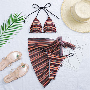 New Sexy Halter Striped Bikini Women Micro <strong>Thong</strong> <strong>Swimwear</strong> 3 Pieces With Short Sarong Bathing Suit Swim - Product Image 2