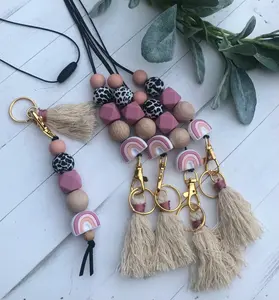 Boho Necklace Teacher pink Rainbow Leopard Print Silicone Bead and Wooden Bead Keychain Lanyard