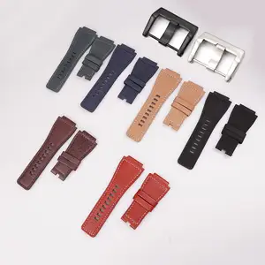 Tali jam tangan gelang kulit 34mm * 24mm hitam biru abu-abu Khaki coklat dengan gesper untuk bel & Ross BR01 BR03