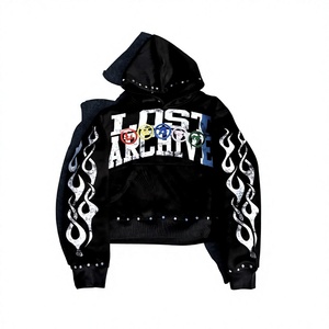 Sudadera con capucha negra para hombre Lost Archive, corte regular, estilo urbano, antipilling, con bolsillos, detalles sólidos, tejido de otoño, 100% algodón, ODM - Product Image 1