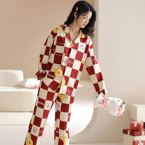 Новая красная клетчатая Пижама женские весенние и летние модели с принтом медведя можно носить на улице, удобная домашняя пижама - Product Image 6