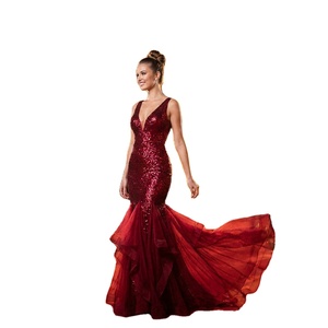 Vestido <span class=keywords><strong>de</strong></span> Noche Largo <span class=keywords><strong>de</strong></span> Gasa con Lentejuelas y Cuello Halter sin Mangas, Estilo Sirena, Color Borgoña, para Mujer, para Fiesta - Product Image 1