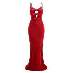 Abito lungo da <span class=keywords><strong>sera</strong></span> da donna in velluto rosso, sexy, con scollo a V, spalline sottili, fiocco, vita impero, senza maniche, senza schienale, lunghezza maxi - Product Image 1