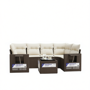 Grand ensemble de canapés de jardin en rotin PE brun avec coussins crème pour mobilier de patio extérieur, 7 places, design contemporain - Product Image 1