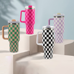 Nuevo Vaso Térmico de Acero Inoxidable con Diseño a Cuadros, Asa y Popote, de Alta Capacidad para Viajes, 40 oz, Taza Floral - Product Image 1
