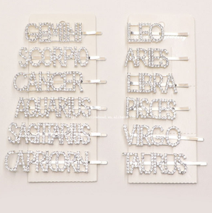 QianJin 12星座レターヘアピンシルバーメタルボビーピン女性用ワードデイズクリスタルクリップトレンディヘアジュエリー - Product Image 1