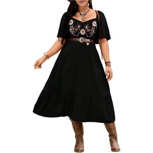 Women's Plus Size Western <b>Cowgirl</b> <b>Dress</b> Floral Embroidered Ruffle Short Sleeve A-Line Maxi Boho Country Outfit - Product Image 1