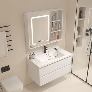 Modern Minimalist Ceramic Bathroom Vanity Set With Led Mirror Integrated Sink Rectangular White Wall Mounted - Product Image 3