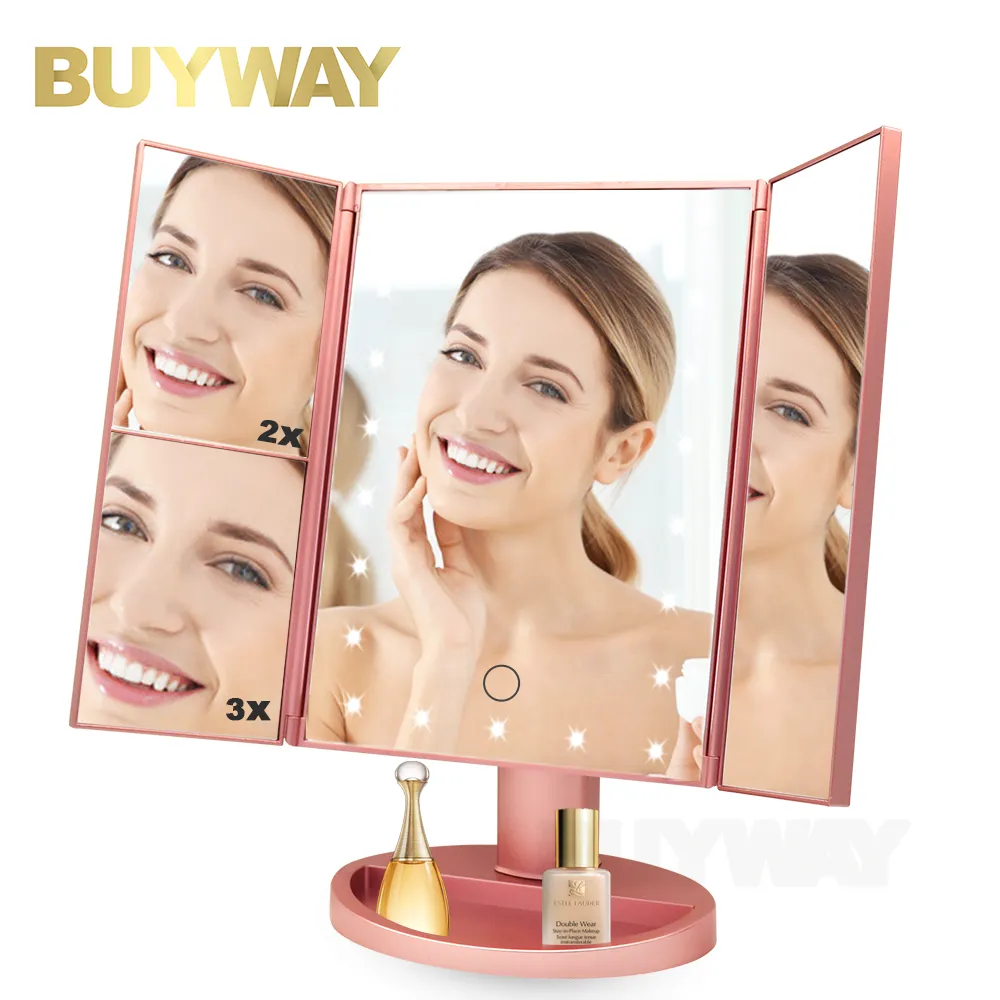 Magnifying trifold trang điểm gương thông minh điều khiển cảm ứng thắp sáng đứng lên bàn LED ánh sáng gương Vanity Gương trang điểm