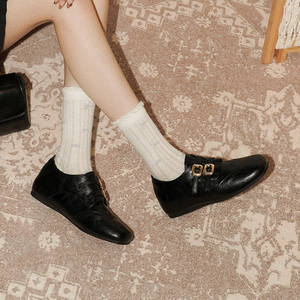 Женские лоферы Pear Xiaoqi в британском стиле с квадратным носком, на скрытой танкетке, с двойной пряжкой, на флисовой подкладке, однотонные, ретро, из кожи броги - Product Image 2